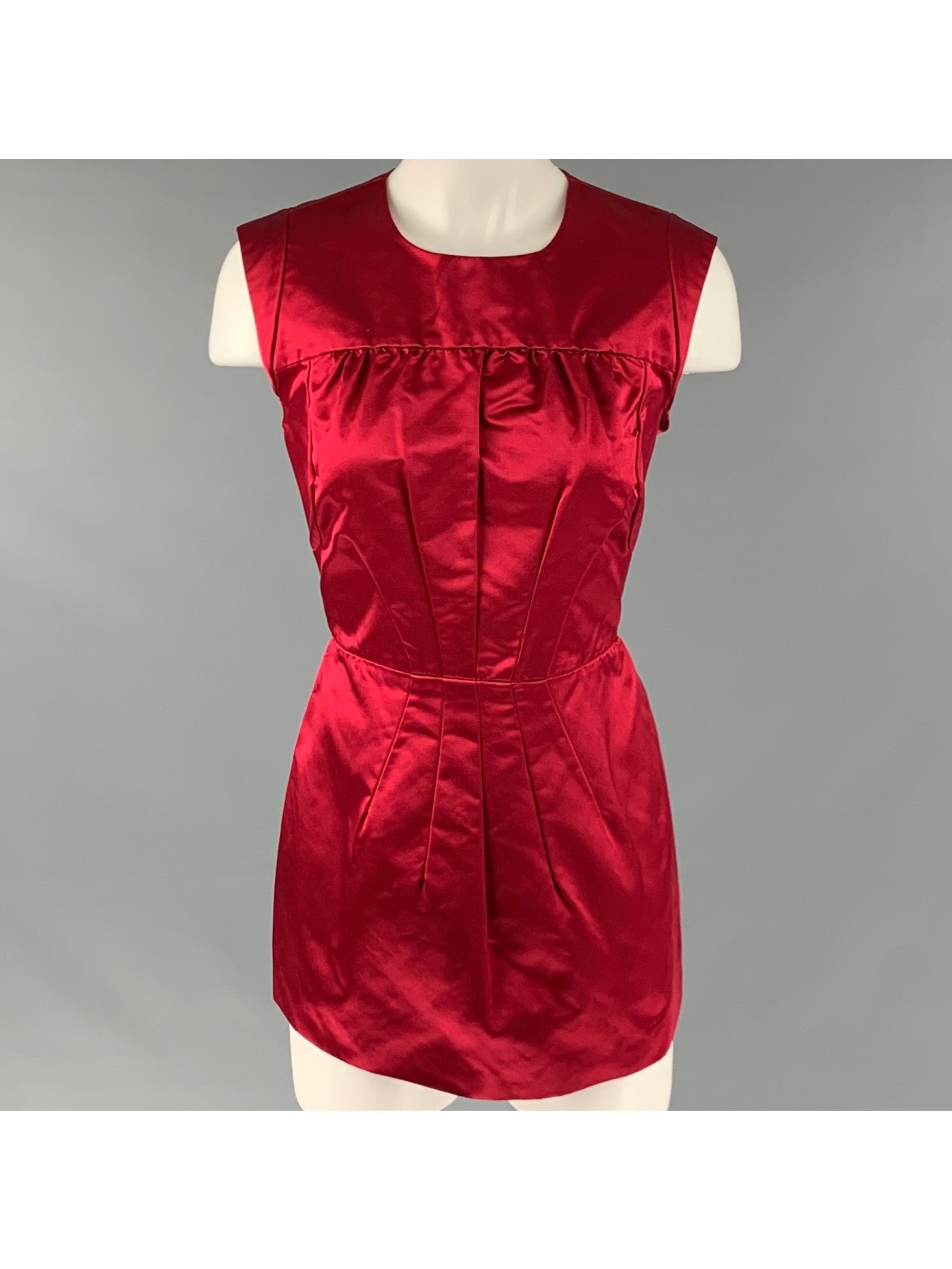 Prada Size 10 Red Silk Pleated Sleeveless Dress Top